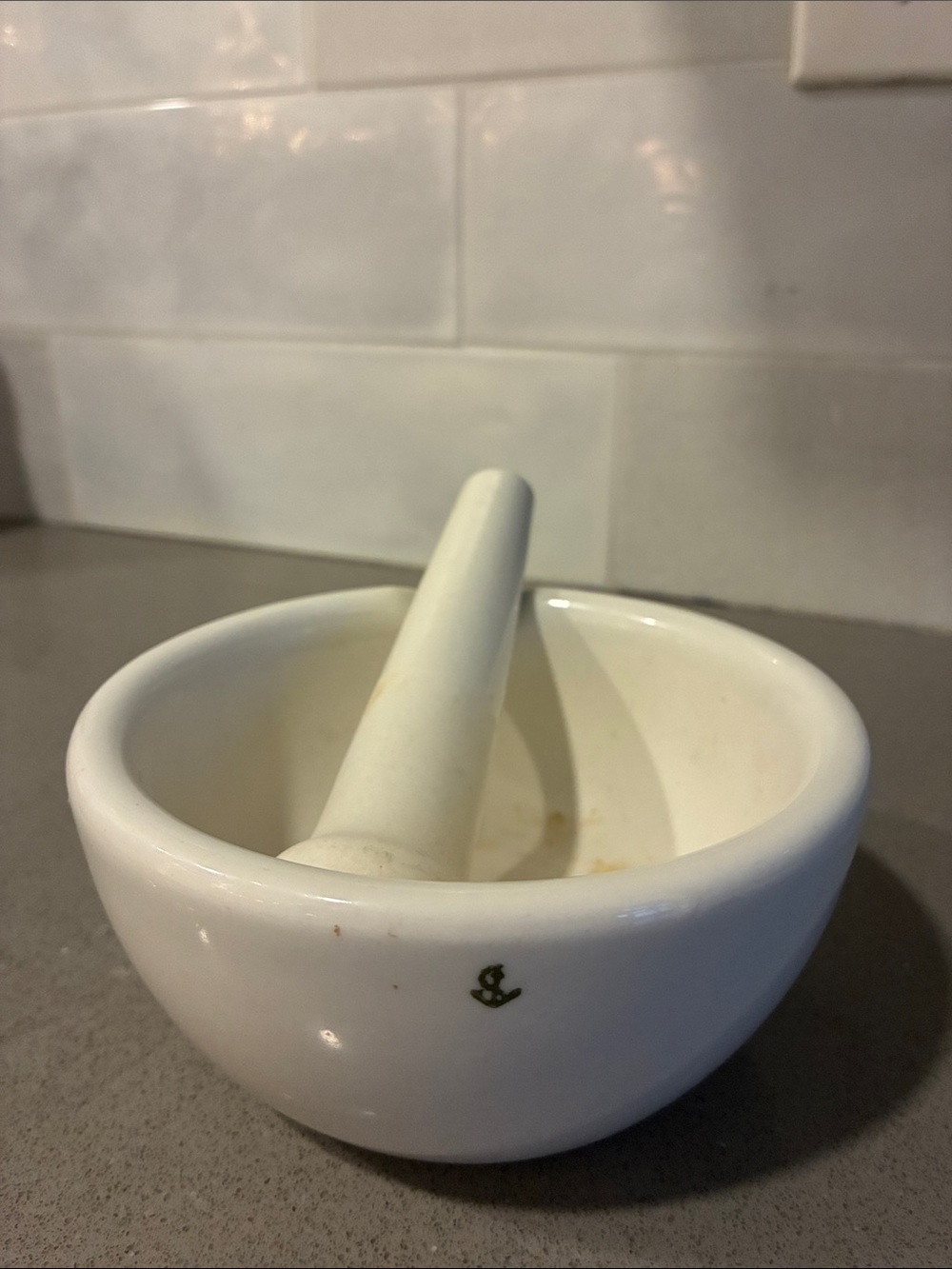 Imperial Porcelain White Mortar and Pestle with Small Green Mark